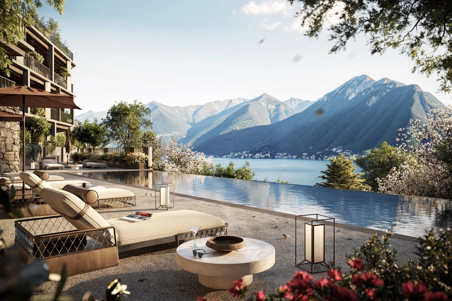 Rendering della piscina fronte lago del progetto Argegno